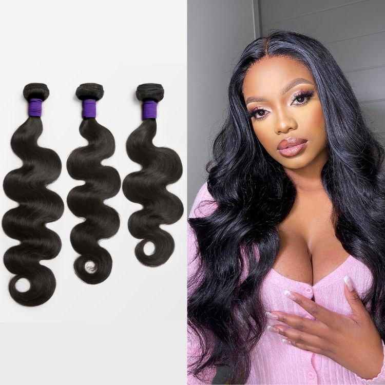 Three bundles of upgraded Brazilian body wave 100% virgin human hair from Luvme Hair arranged in a display.