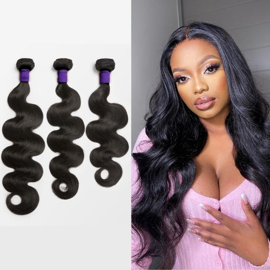 Three bundles of upgraded Brazilian body wave 100% virgin human hair from Luvme Hair arranged in a display.