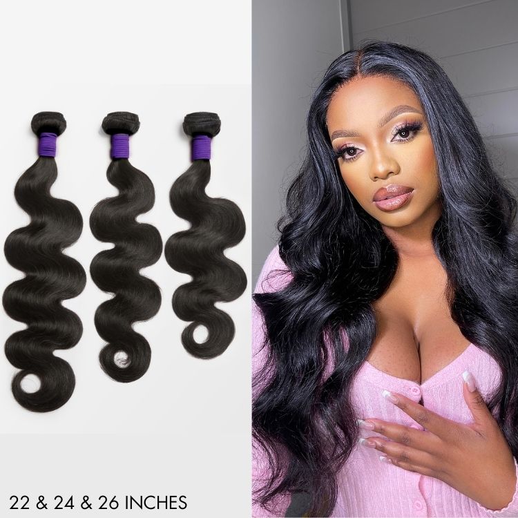 Upgraded Brazilian Body Wave Virgin Human Hair Bundles from Luvme Hair, showing three 100% natural hair bundles with wavy texture.