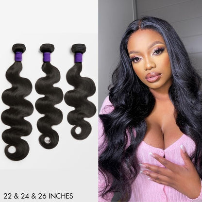 Upgraded Brazilian Body Wave Virgin Human Hair Bundles from Luvme Hair, showing three 100% natural hair bundles with wavy texture.