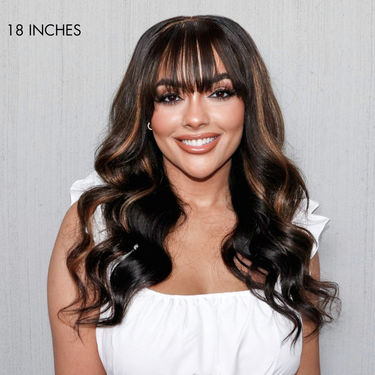 Blonde highlight loose wave lace wig with bangs from Luvme Hair, featuring a 5x5 glueless closure and natural hair texture.