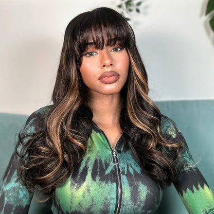 Blonde highlight loose wave lace wig with bangs, glueless 5x5 closure, by Luvme Hair, showcasing styled hair and lace front detail.