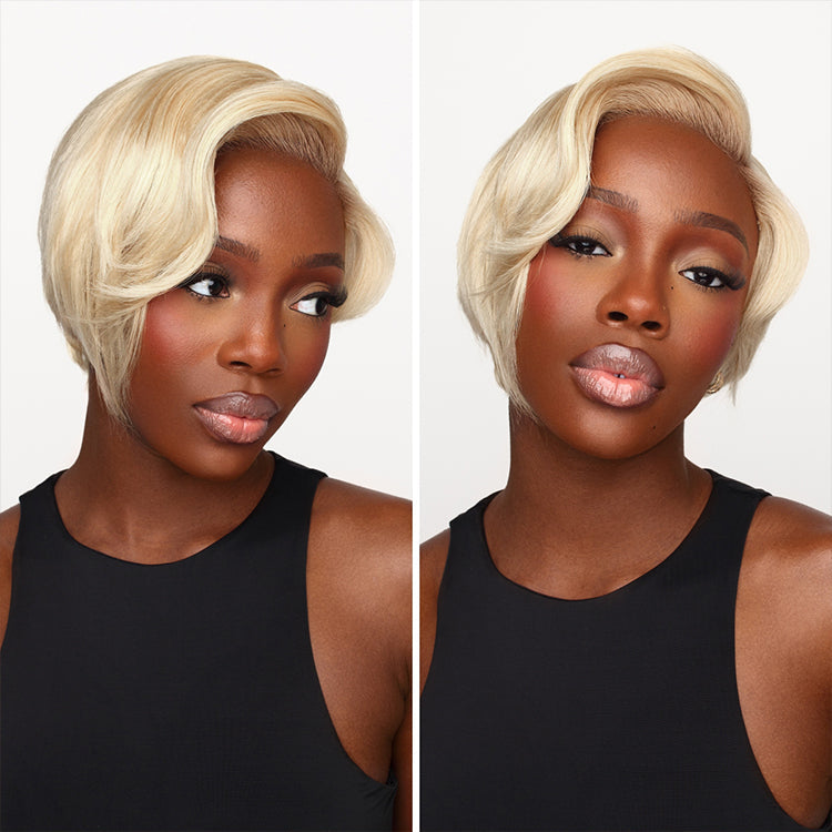 Blonde minimalist lace wig by Luvme Hair featuring a short, C-part style with HD lace, 100% human hair, glueless installation