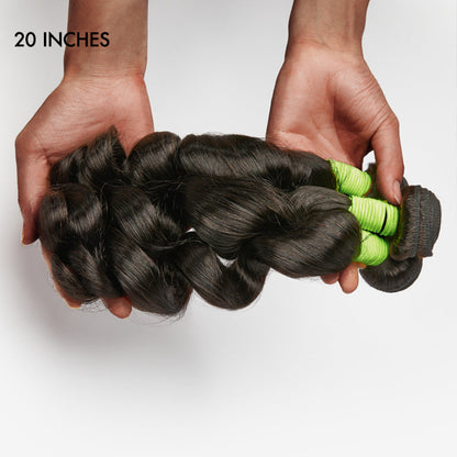 Luvme 100% human hair loose wave bundle, natural texture, soft and shiny, displayed on a mannequin head with styled hair