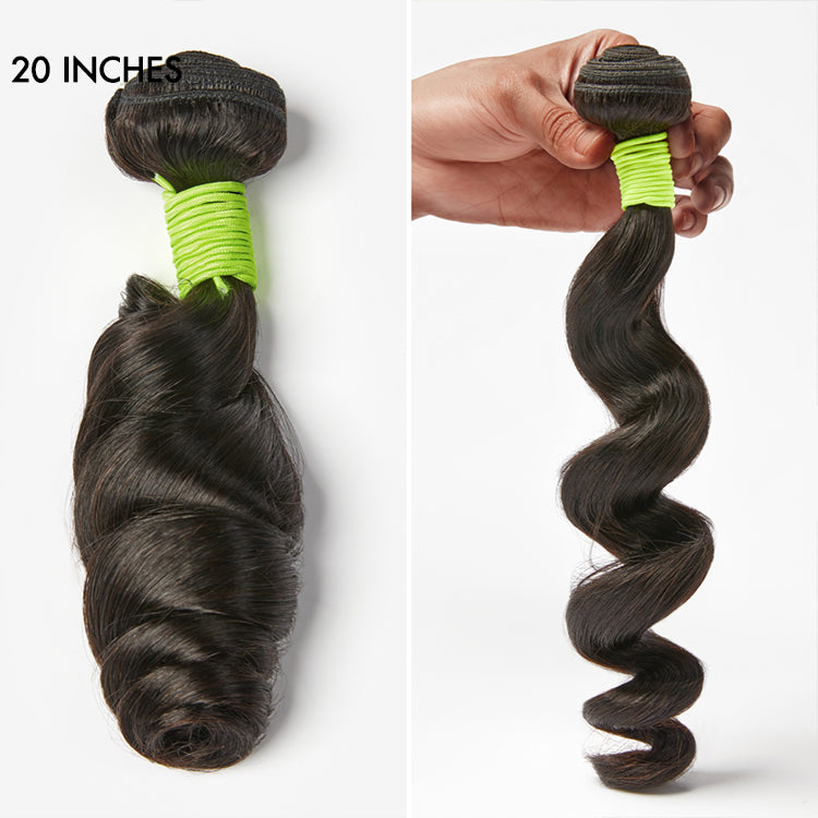 Three Luvme loose wave 100% virgin human hair bundles displayed, showcasing soft, natural wave texture and full volume.