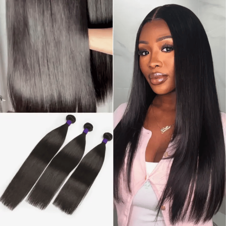 Luvme Hair upgraded Brazilian straight or body wave 100% virgin human hair bundles, shown in natural black color.