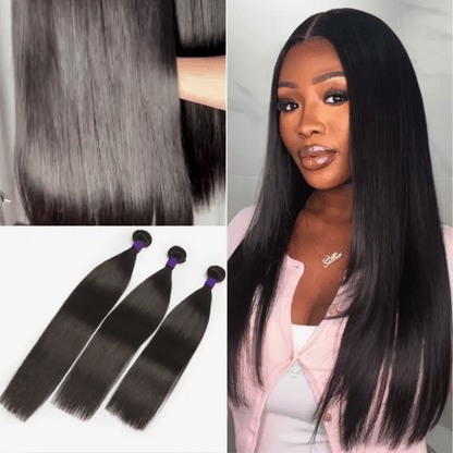 Luvme Hair upgraded Brazilian straight or body wave 100% virgin human hair bundles, shown in natural black color.