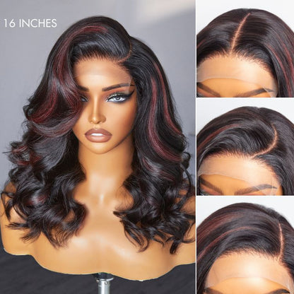 Dark red highlights 5x5 closure lace wig by Luvme Hair featuring loose wave style, glueless construction, ready-to-wear.