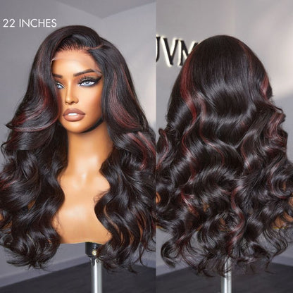 Dark red highlights 5x5 closure lace wig by Luvme Hair featuring loose wave style and glueless cap, ready to wear.