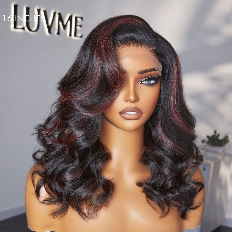 Dark red highlights 5x5 closure lace wig by Luvme Hair with loose wave curls, glueless design, ready-to-wear for versatile styling.
