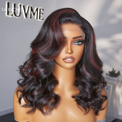 Dark red highlights 5x5 closure lace wig by Luvme Hair with loose wave curls, glueless design, ready-to-wear for versatile styling.