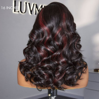 Dark red highlights C part 5x5 closure lace wig by Luvme Hair, loose wave style, glueless, ready-to-wear natural-looking hair.