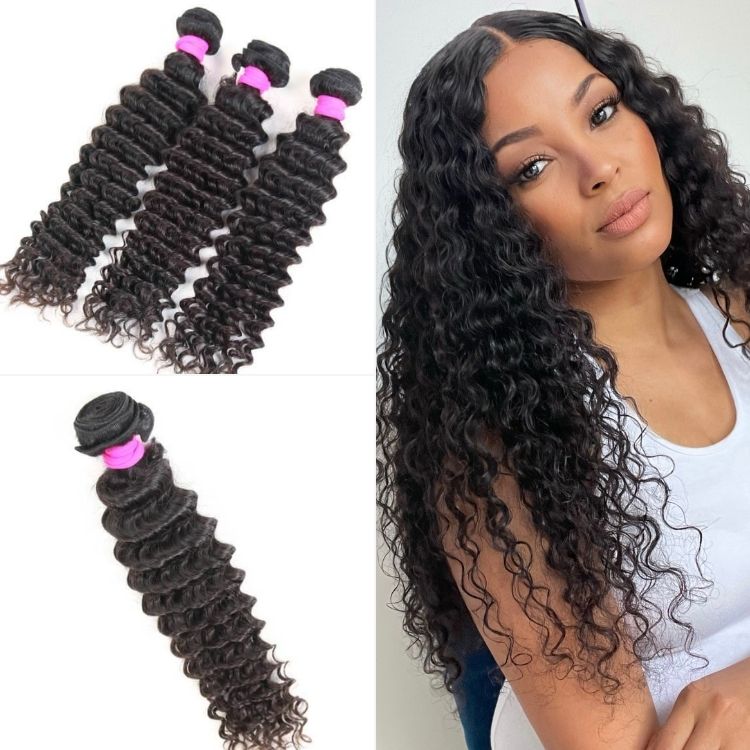 Three deep wave virgin human hair bundles from Luvme, showcasing curly, textured hair with a natural shine and rich depth.