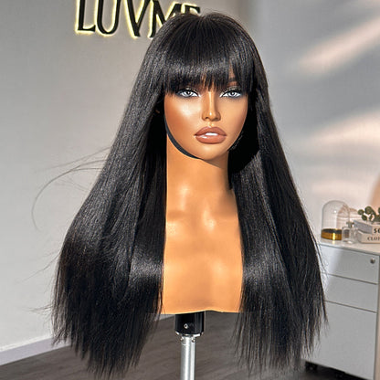 Luvme minimalist lace wig with breathable cap, straight long hair, natural look, and bangs, designed for a sleek, minimalist style.