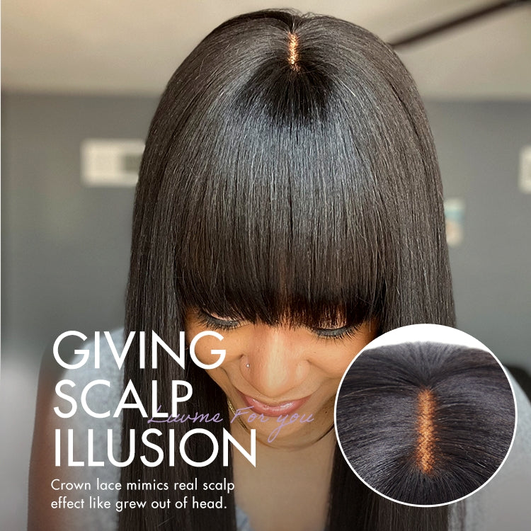 Luvme breathable lace wig in Yaki straight style with natural long hair, bangs, minimalist design, ideal for a natural look.