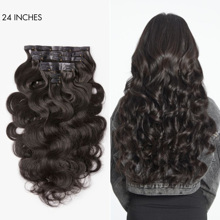 Luvme Hair soft body wave seamless clip-in extensions with nine real human hair pieces, showcasing natural wave and clip details.