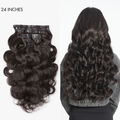 Luvme Hair soft body wave seamless clip-in extensions with nine real human hair pieces, showcasing natural wave and clip details.