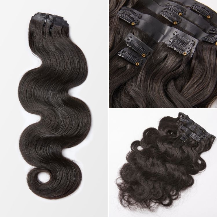 Luvme Hair soft body wave seamless clip-in extensions made of real human hair in 9 or 7 pieces with a free gift.