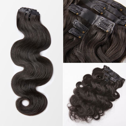 Luvme Hair soft body wave seamless clip-in extensions made of real human hair in 9 or 7 pieces with a free gift.