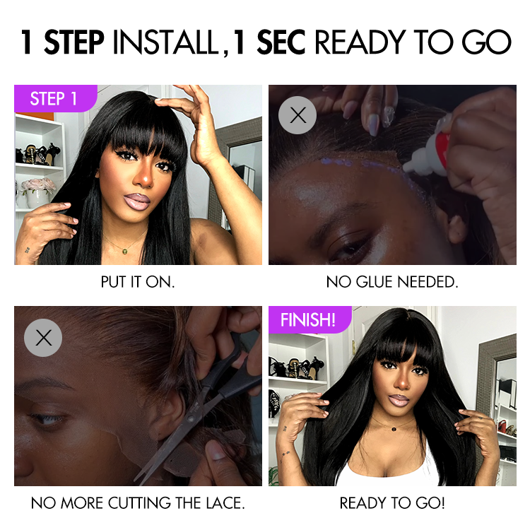 Luvme breathable minimalist lace wig with straight Yaki texture, long length, bangs, and natural appearance.