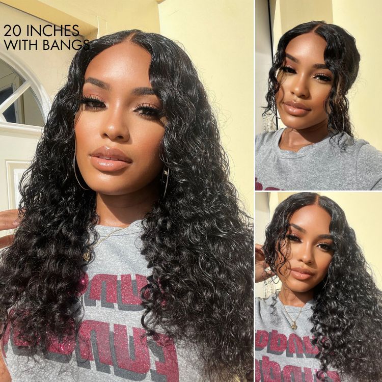 Luvme deep wave 4x4 closure lace glueless long curly wig with a mid-part, 100% human hair, natural texture and styling.