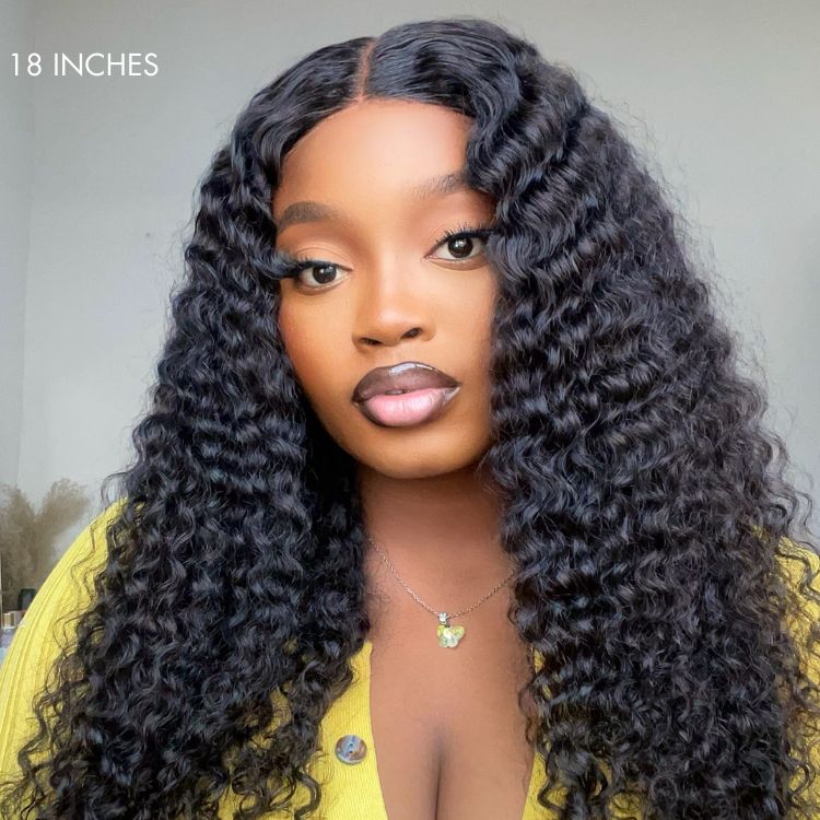 Luvme deep wave 4x4 closure lace glueless long curly human hair wig with a mid-part style and natural volume.