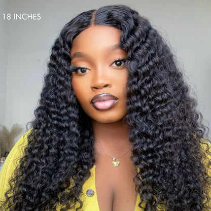 Luvme deep wave 4x4 closure lace glueless long curly human hair wig with a mid-part style and natural volume.