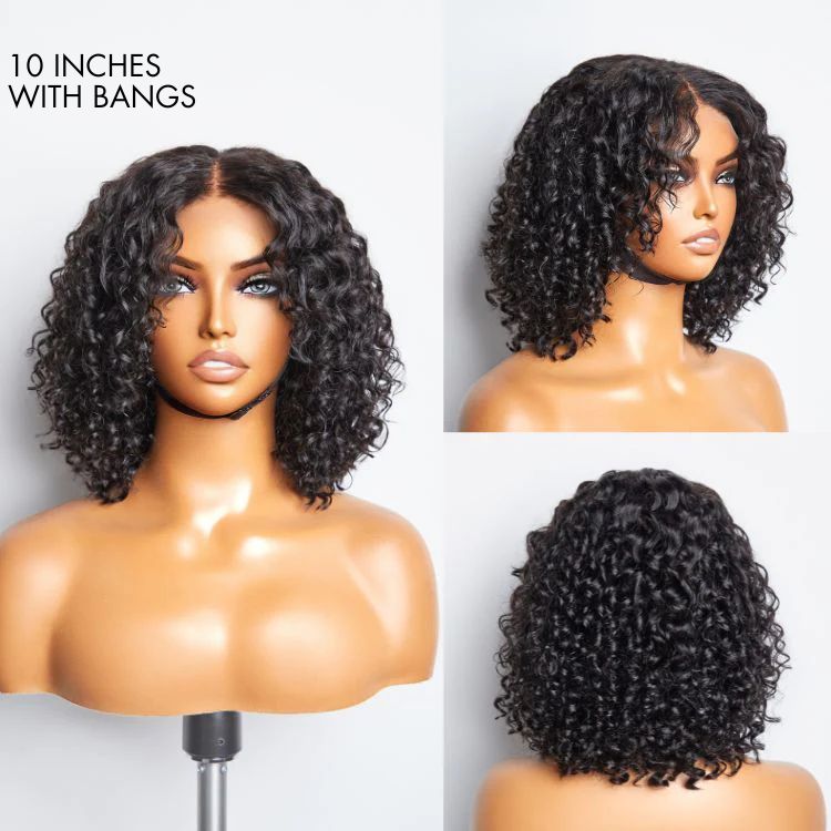 Luvme deep wave 4x4 closure lace glueless long curly wig with natural human hair, showing the mid-part style and detailed curls.
