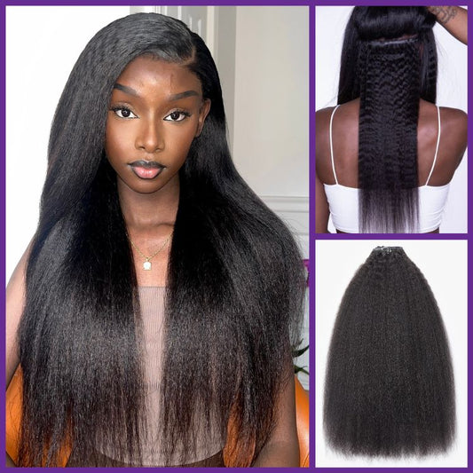 Luvme Hair full kinky straight clip-in human hair extensions with 9 pieces, seamless, 135g, including a free gift.