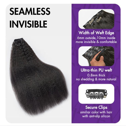 Luvme Hair kinky straight clip-in human hair extensions with 9-piece set, seamless and natural-looking, includes free gift.