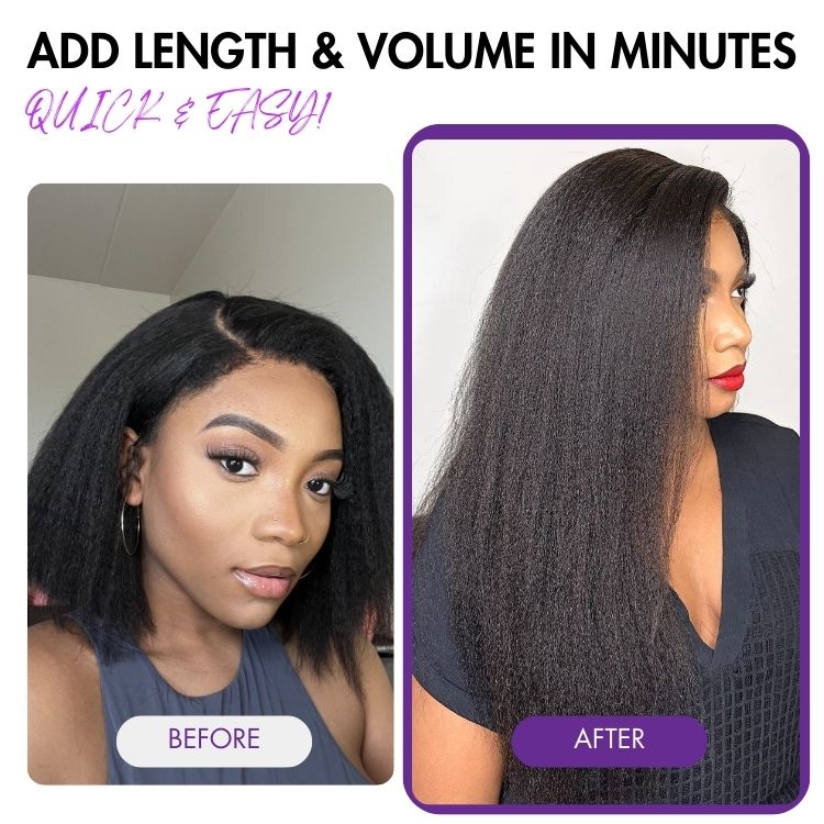 Luvme Hair kinky straight clip-in human hair extensions with 9 or 7 pieces, seamless design, in natural black shade.