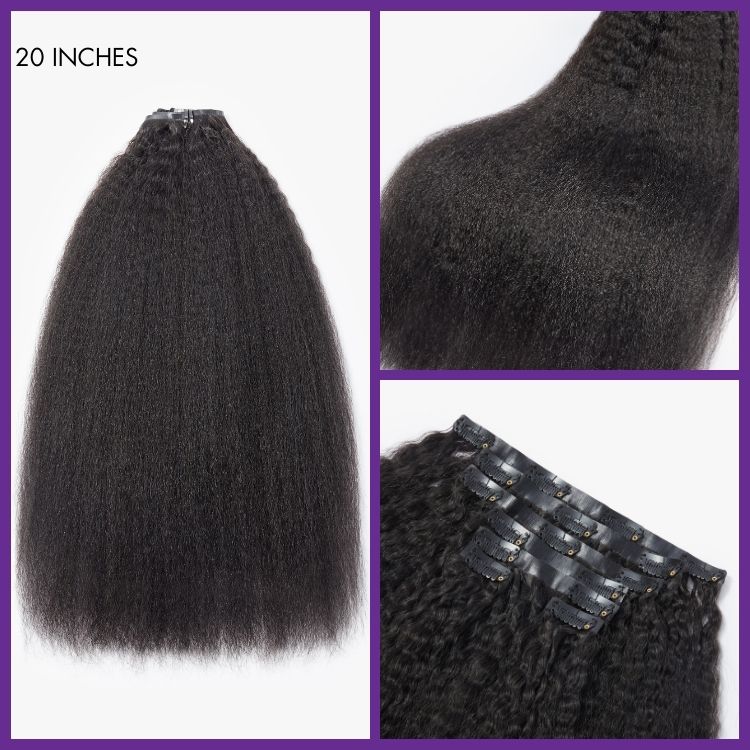 Luvme Hair kinky straight clip-in human hair extensions with 9 or 7 pieces, seamless design, 135g, and free gift included.