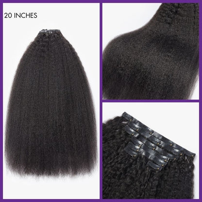Luvme Hair kinky straight clip-in human hair extensions with 9 or 7 pieces, seamless design, 135g, and free gift included.