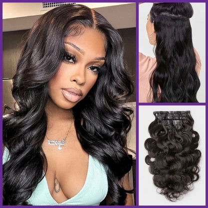 Luvme Hair soft body wave seamless clip-in extensions made of real human hair, 9 or 7 pieces with free gift in 135g.