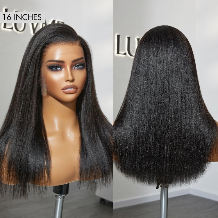 Luvme Hair PreMax 2.0 Yaki straight 13x5 HD lace frontal wig with ear-to-ear coverage, glueless, natural C-part style.