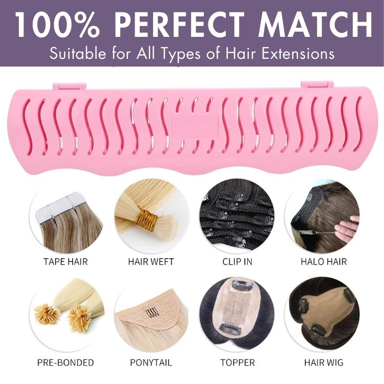 Luvme Hair extension holder for clip-in, tape-in, bundles, and weft hair extensions, made of durable plastic.