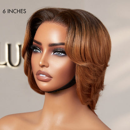 Luvme Hair minimalist lace wig with short pixie cut, ombre ginger color, glueless design, pre-cut HD lace, ready-to-wear style.