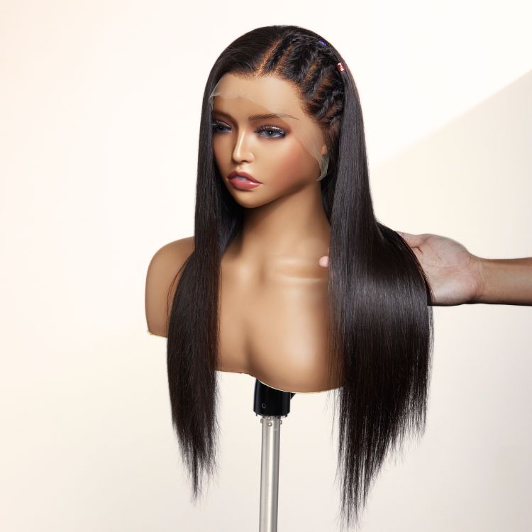 Luvme PreMax 13x4 frontal wig with natural black straight left side braids, HD lace, 200% density, long, high-quality wig.