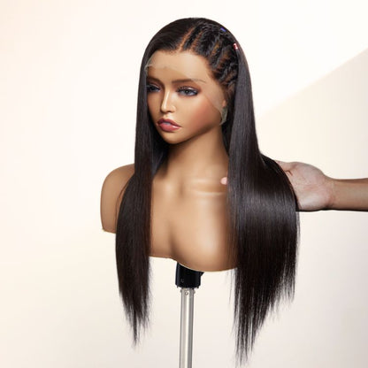 Luvme PreMax 13x4 frontal wig with natural black straight left side braids, HD lace, 200% density, long, high-quality wig.