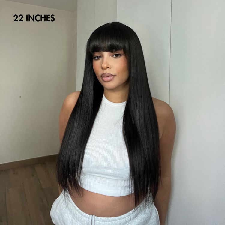 Luvme breathable lace wig with straight Yaki texture, long style, natural look, and bangs, designed for minimalist, ultra-natural appearance.