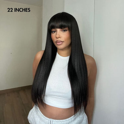 Luvme breathable lace wig with straight Yaki texture, long style, natural look, and bangs, designed for minimalist, ultra-natural appearance.