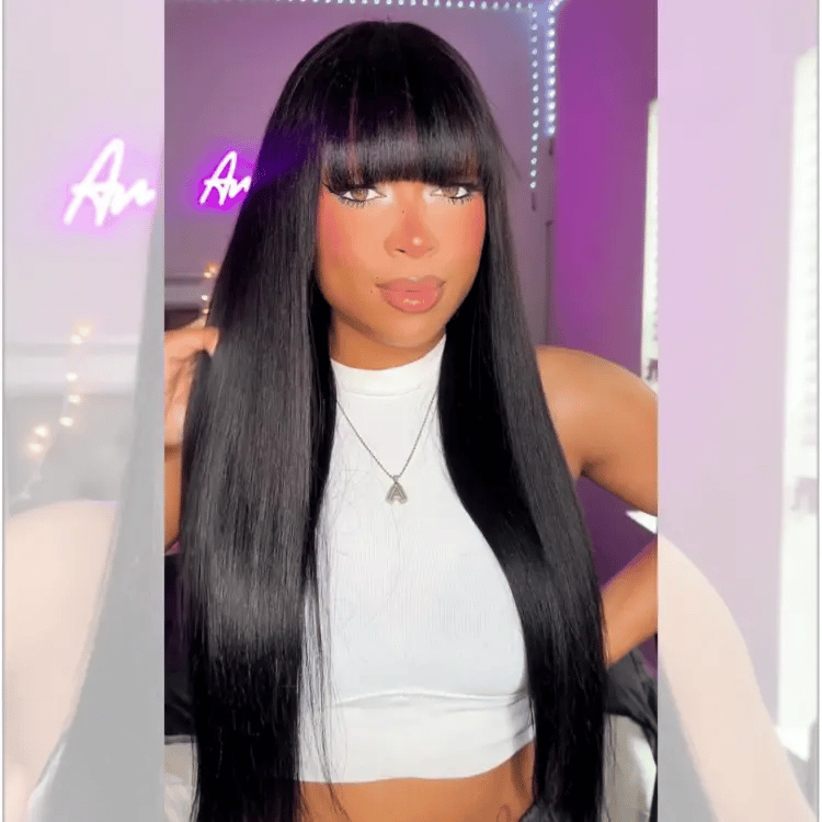 Luvme breathable minimalist lace wig with straight Yaki hair, long length, natural look, featuring bangs and lace cap construction.