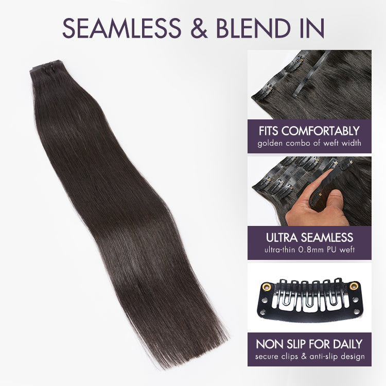 Luvme Hair Ultra Natural Seamless Yaki Straight Clip-in Extensions, real human hair pieces in 9 or 7-piece sets, with free gift