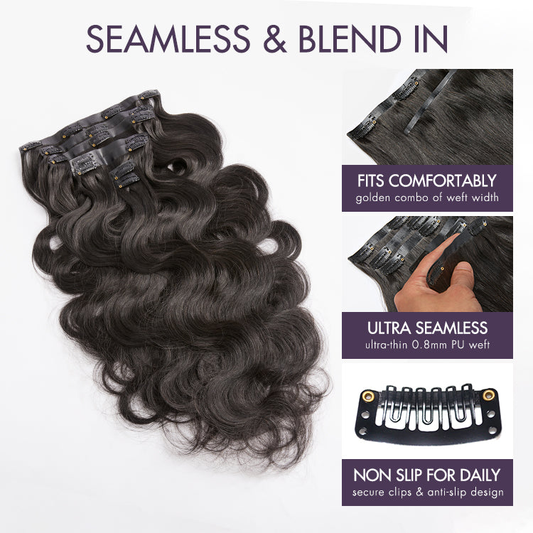 Luvme Hair soft body wave seamless clip-in extensions with 9 or 7 pieces made of real human hair, featuring a free gift.