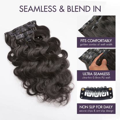 Luvme Hair soft body wave seamless clip-in extensions with 9 or 7 pieces made of real human hair, featuring a free gift.