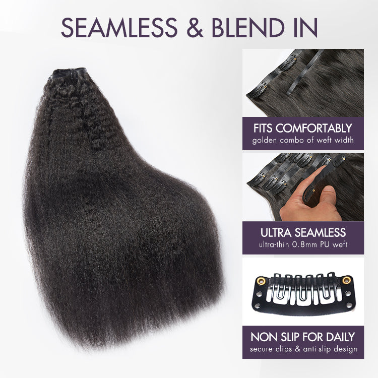 Luvme Hair kinky straight seamless clip-in human hair extensions with 9 or 7 pieces, 135g, shown in natural hair color.