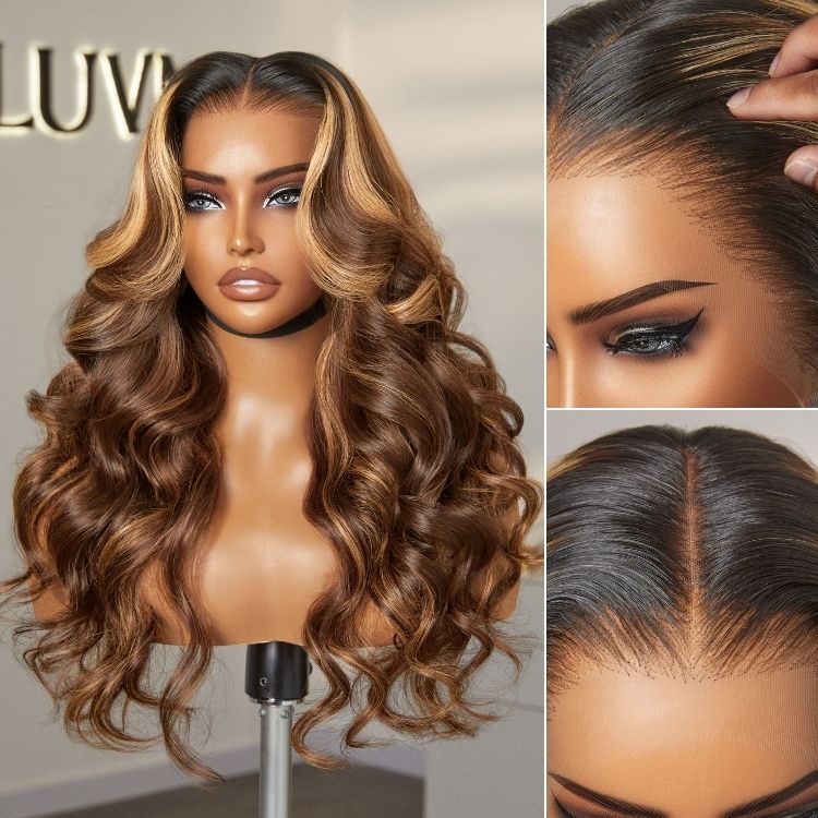 Luvme Hair PreMax 2.0 Wigs 13x6 frontal wig with blonde highlights, loose body wave, HD lace, ear-to-ear, glueless, pre-cut lace