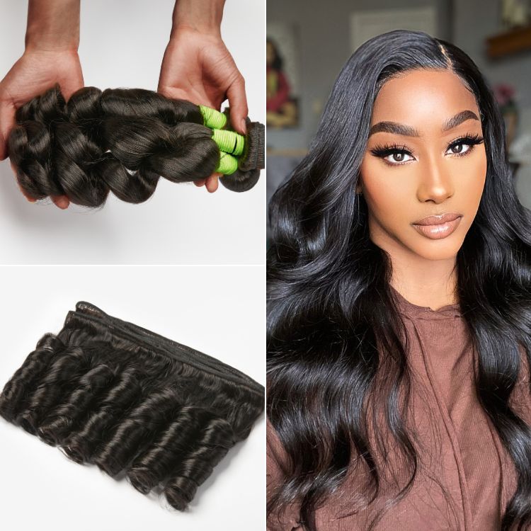Three Luvme loose wave 100% virgin human hair bundles displayed, showcasing soft, natural wave texture and full length.