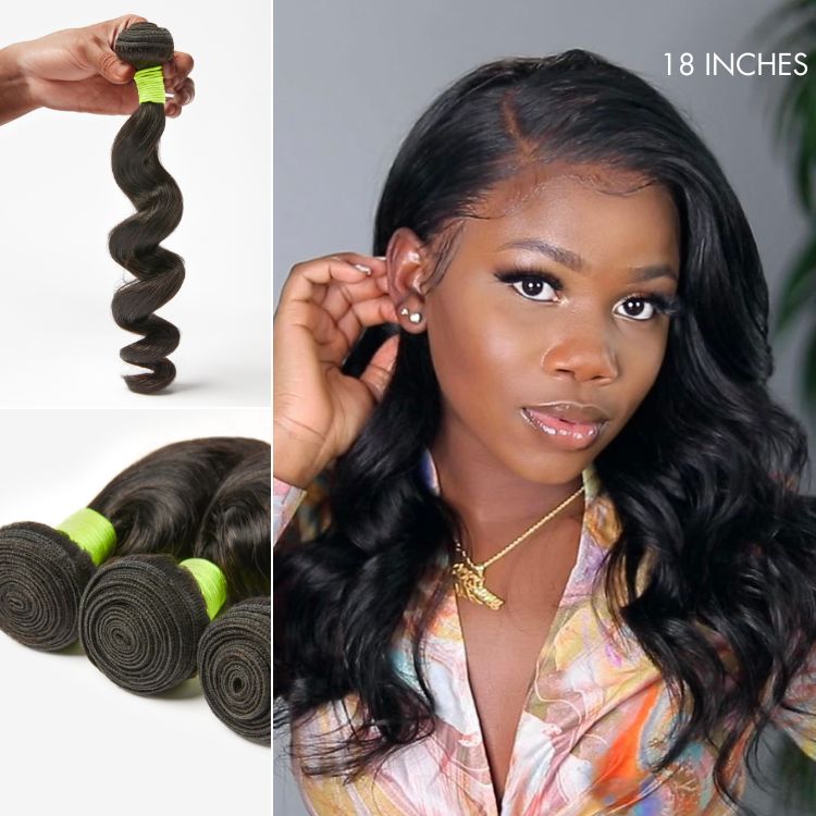 Three loose wave Virgin human hair bundles from Luvme, showcasing natural shiny, soft 100% human hair with a loose wave texture.