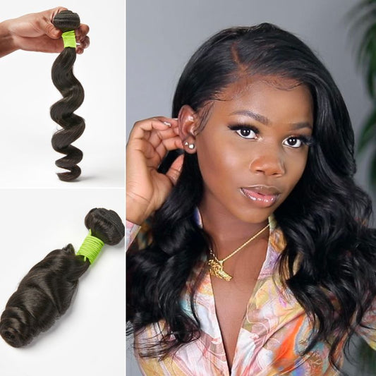 Luvme 100% human hair loose wave bundle, showcasing soft, natural curls and shiny texture for versatile styling.